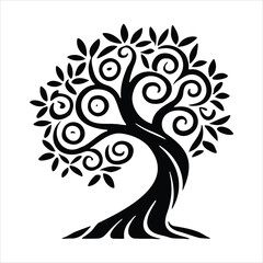 Vector tree silhouette with abstract floral elements and decorative ornament design