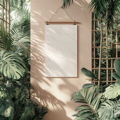 A fine art mockup with a blank paper hanging . Soft shadows, moody lighting, tropical foliage detail with large leaves. Minimal, painterly, masterpiece atmosphere. 