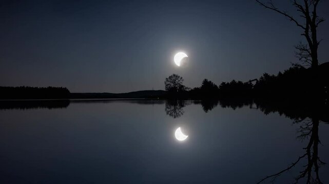 Partial lunar eclipse reflecting on calm lake at night