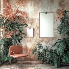 A fine art mockup with a blank paper hanging . Soft shadows, moody lighting, tropical foliage detail with large leaves. Minimal, painterly, masterpiece atmosphere. 