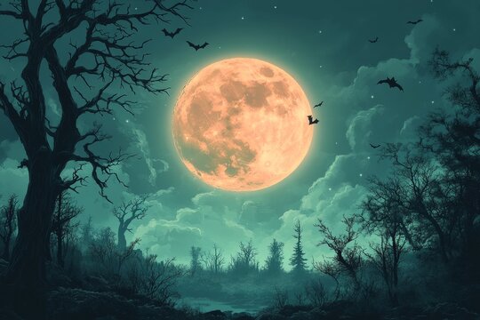 Halloween night, full orange moon, spooky forest, bats flying