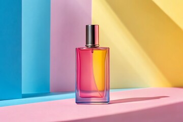 Perfume bottle with minimal shadow on colorful background