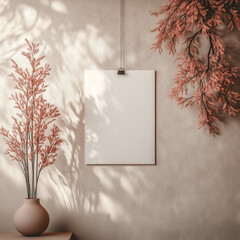 A fine art mockup with a blank paper hanging . Soft shadows, moody lighting, tropical foliage detail with large leaves. Minimal, painterly, masterpiece atmosphere. 