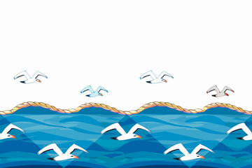 Seamless board with a seascape. Waves, seagulls and clouds, sea breeze depicted with brushstrokes and streaks on a separate background