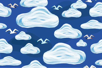 Seamless board with a seascape. Waves, seagulls and clouds, sea breeze depicted with brushstrokes and streaks on a separate background