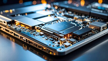 Close-up of a modern laptop's intricate internal circuitry, showcasing microchips, components, and hardware, highlighting technological innovation and design