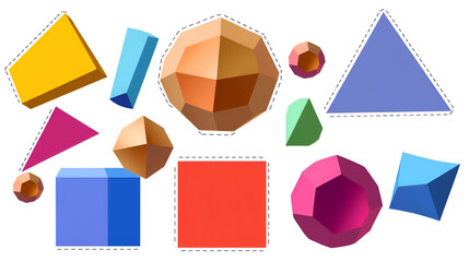 Colorful 3d Shaded Geometric Solid Forms and Shapes Clipart, Geometry and Math Illustrations, with Dashed Lines on a Transparent Background