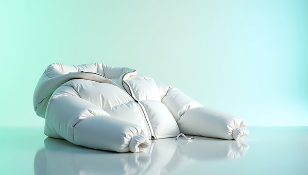 Puffer jacket folded on reflective surface with soft colored lighting and cool gradient background
