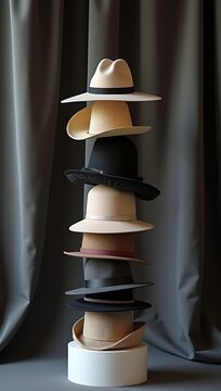 Tall stack of hats in various styles and textures, balanced on a small white plinth in front of curtain backdrop
