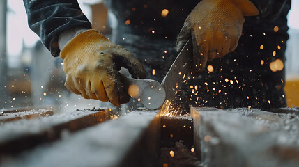 Worker Using Angle Grinder on Metal