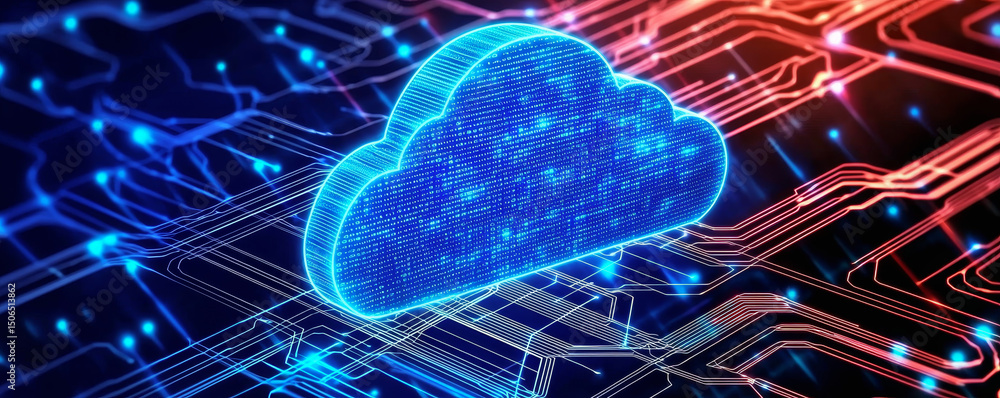 Poster digital cloud over circuit patterns representing technology and connectivity. cybersecurity data pro