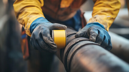 Worker Applying Tape to Industrial Pipe