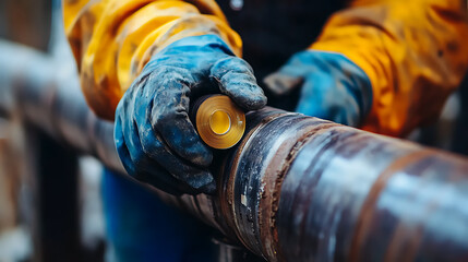 Worker Applying Sealant to Industrial Pipe