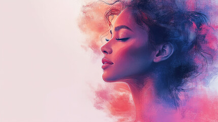 Fototapeta premium Artistic portrait of a woman illustrated in soft pastel colors, featuring gentle brush strokes and a dreamy, feminine aesthetic—ideal for beauty, fashion, or editorial use.