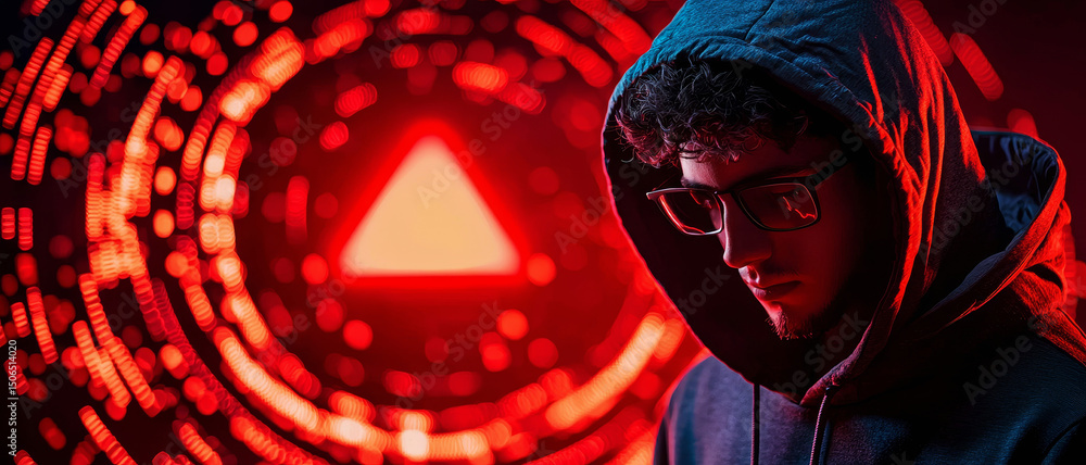 Poster mysterious figure in a hoodie with a glowing triangle backdrop.