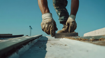 Construction Worker Applying Mortar Between Bricks