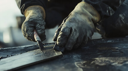 Hands in Gloves Working with Black Material