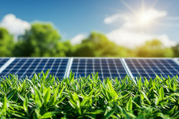 Solar panels with greenery under a bright sky.