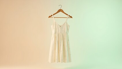 Sleeveless summer dress hanging on a minimalist wooden hanger in front of a pastel backdrop
