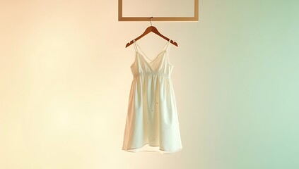 Sleeveless summer dress hanging on a minimalist wooden hanger in front of a pastel backdrop
