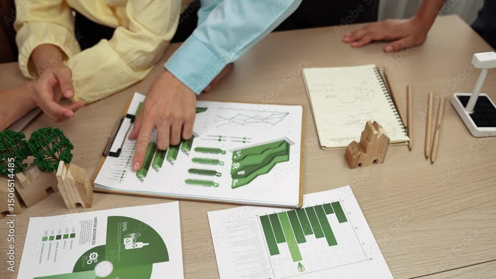 Poster business team consulting and analyzing green power graph usage for future esg of company. windmill m