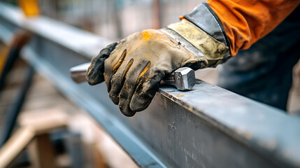 Construction Worker's Hand on Steel Beam