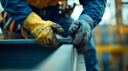 Worker Handling Metal Beam in Industrial Setting