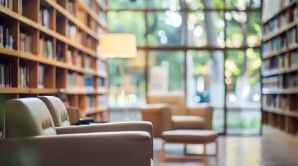 Blurred library interior with bookshelves and chairs for reading and study in a quiet place