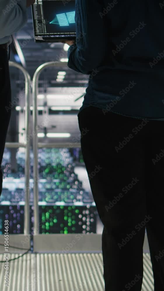 Poster vertical video data center manager overseeing work done by admin using neural network ai llm visuali