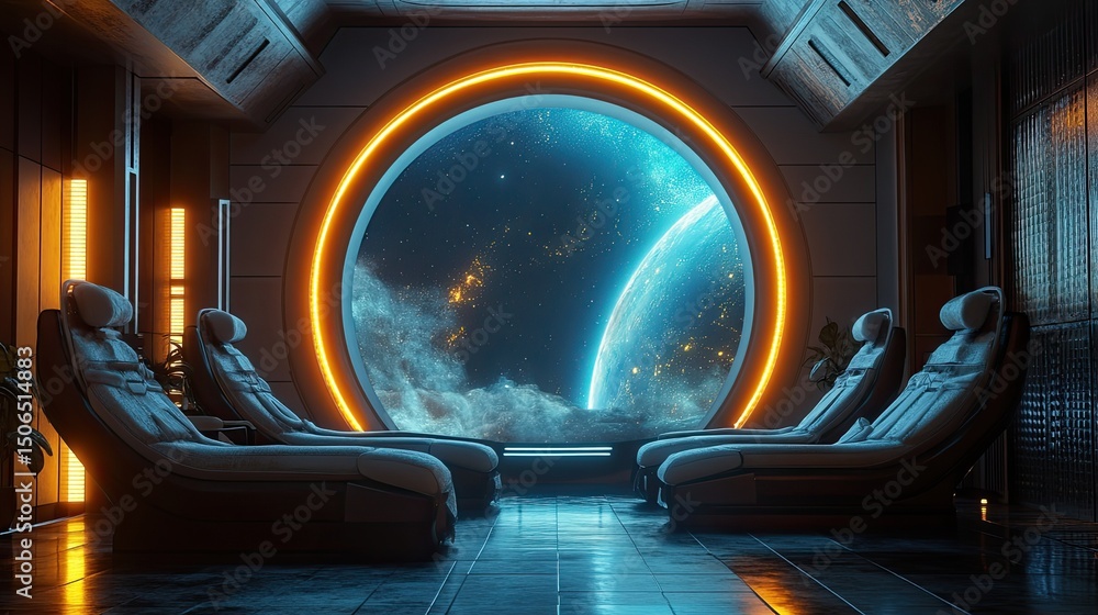 Poster interior view of a spaceship lounge with chairs and a large circular window showing a planet and sta