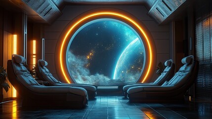 Interior view of a spaceship lounge with chairs and a large circular window showing a planet and stars