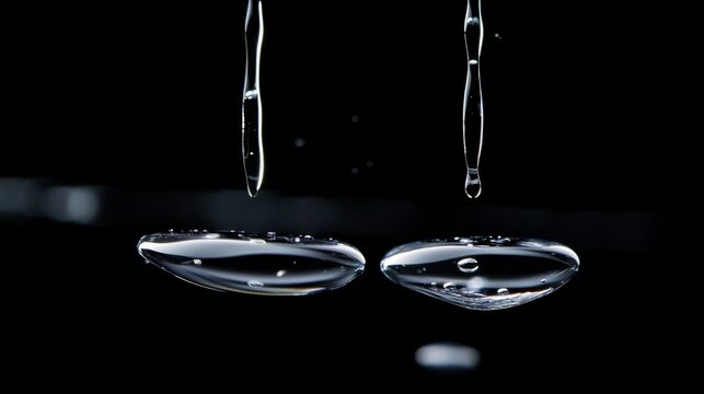 Two elongated oily drops falling from a pipette tip in close-up against a dark black background, capturing the fluid dynamics and surface tension in a scientific laboratory setting