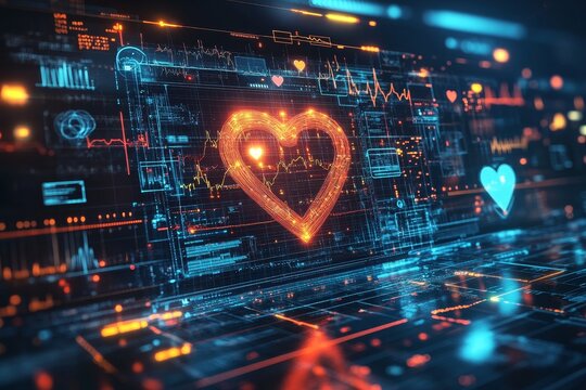 Digital heart monitor, glowing data, health tech