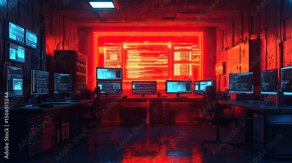 Aufkleber a dark room filled with computer screens displaying code under red neon lighting and desks and chair