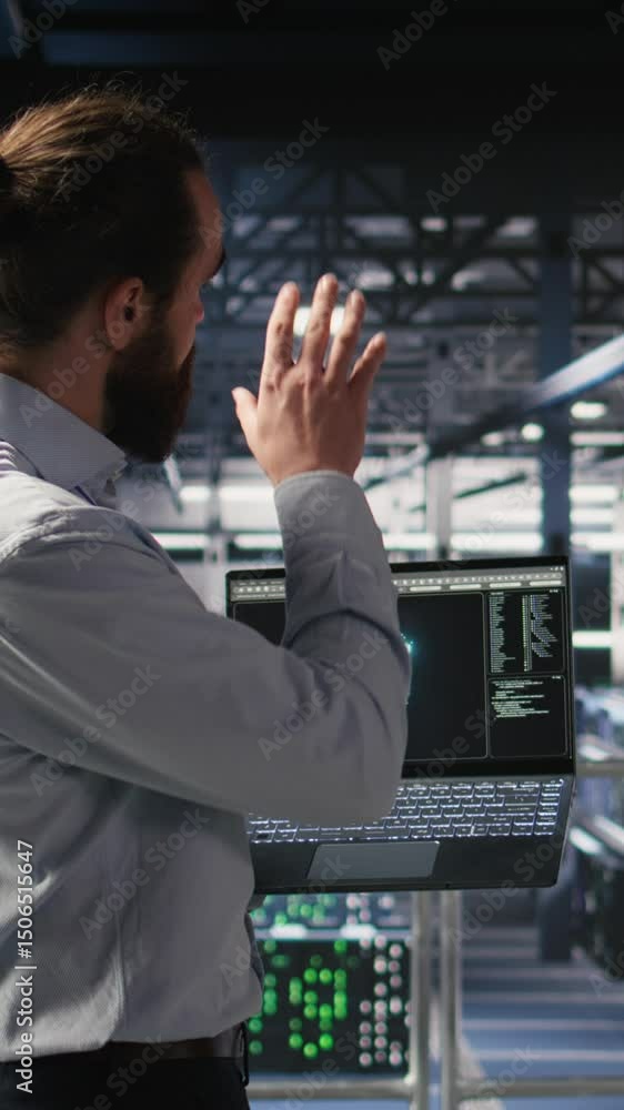 Poster vertical video military personnel overseeing ai computing operations on laptop in high tech server f