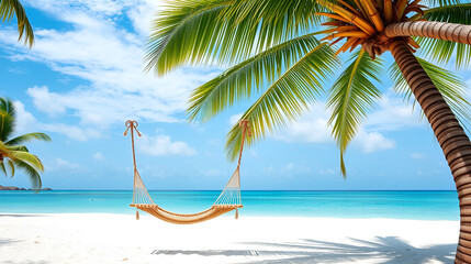 Naklejka premium Tropical beach panorama as summer relax landscape with beach swing or hammock hang on palm tree over white sand sea beach banner. Amazing beach vacation summer holiday concept. Luxury romantic travel