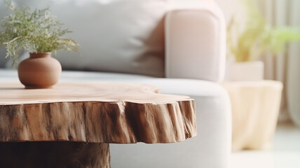 A wooden table top made of sawn wood in the interior of the room on the background of a sofa