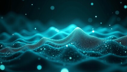 Elegant teal particulate waves with diffused light create a mesmerizing effect