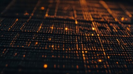 Abstract dark background with glowing orange lights forming a grid like pattern perspective view