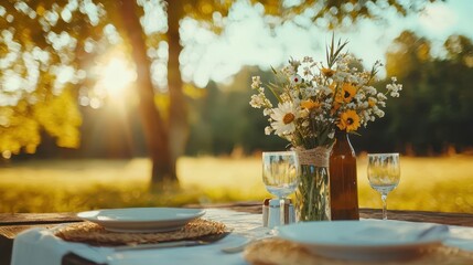 Rustic outdoor wedding reception table decorated with wildflowers, handstitched tablecloths, vintage countryside romance