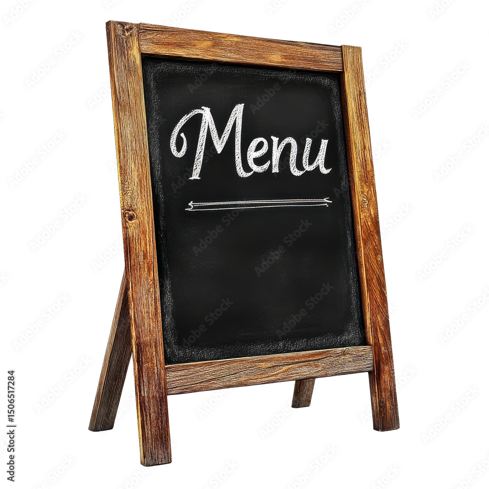 Poster blackboard displaying menu sign in rustic wooden frame outside cafe or restaurant, blackboard with t