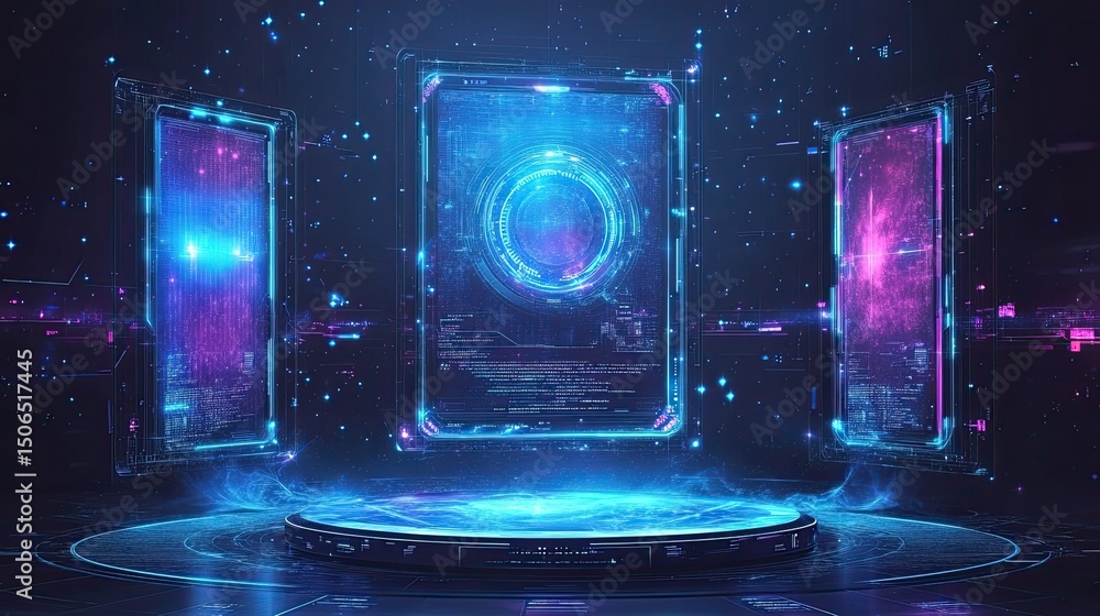 Poster futuristic platform with glowing screens and a circular design in a digital environment scene
