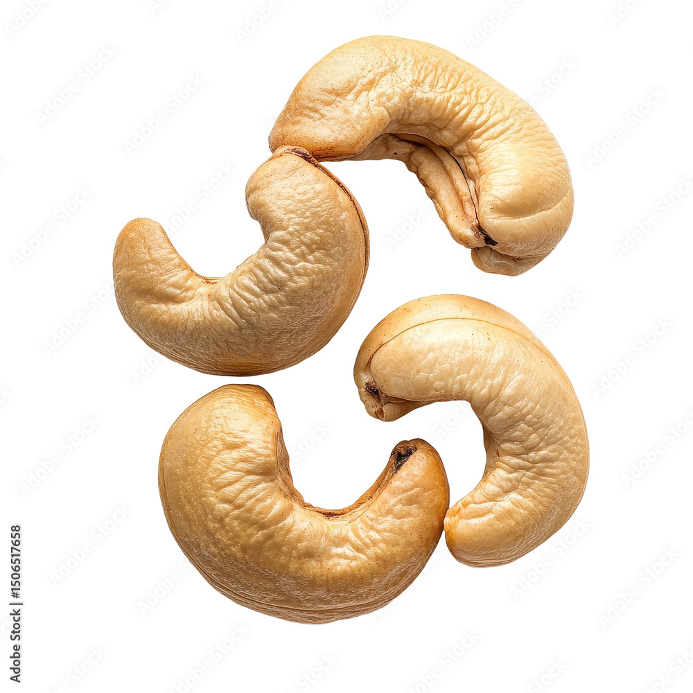 Poster cashew nuts in various shapes isolated on a clean white background showing natural texture and color