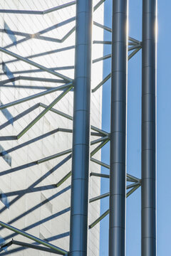 Close up view of metal framework details on the side of a building