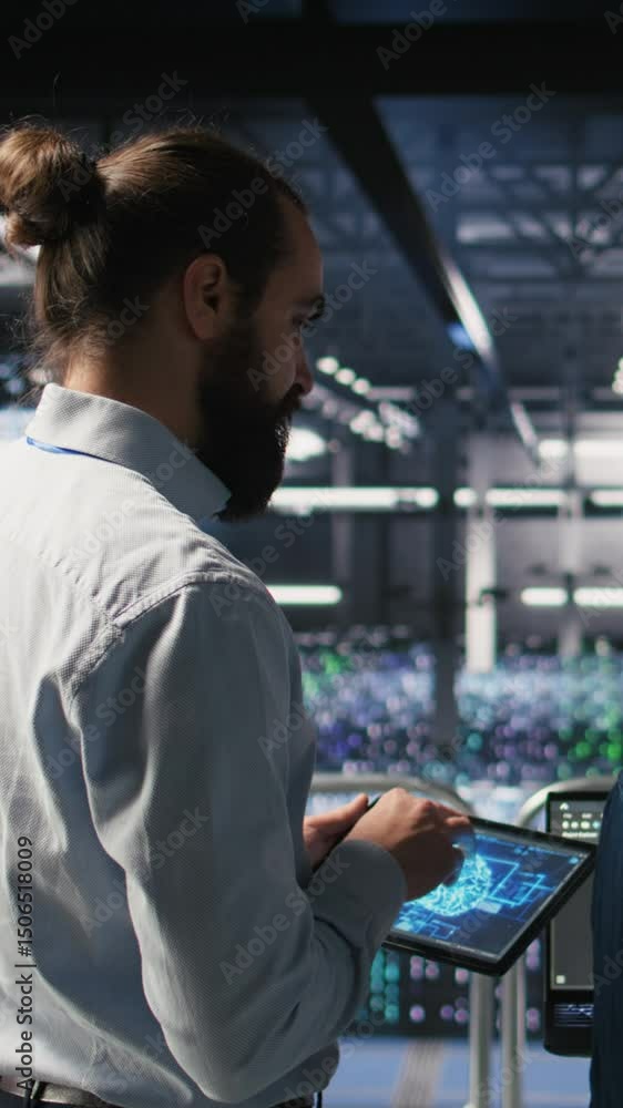 Poster vertical video data center system administrators performing maintenance on supercomputers used for a