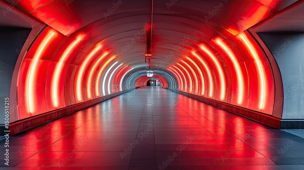 Poster illuminated red tunnel with glowing arches and a reflective floor leading to a distant exit