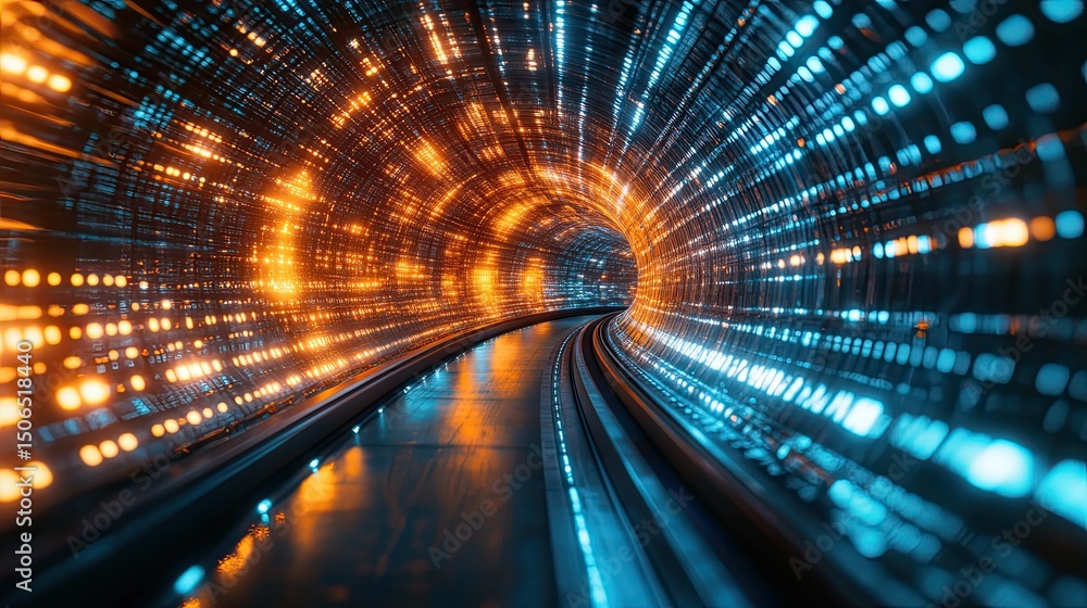 Poster illuminated tunnel with orange and blue lights creating a futuristic and modern look design style