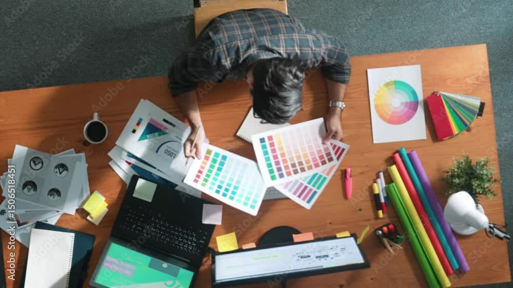 Poster aerial view of smart businessman calling manager while choose color. professional interior designer 