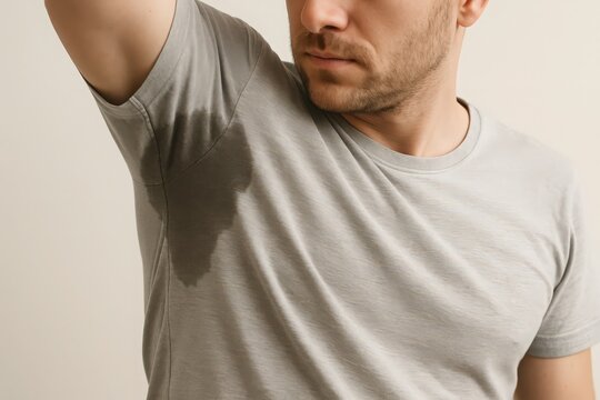 Man's Gray T-Shirt with Visible Sweat Stains Under Armpits Depicting Hyperhidrosis and Excessive Perspiration Issues on a Neutral sweating
