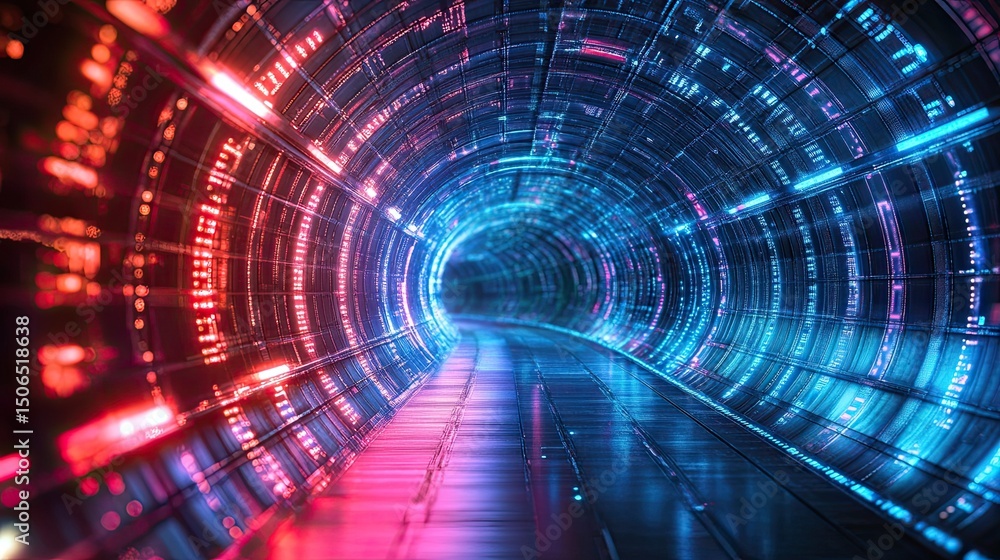 Poster futuristic tunnel with glowing red and blue lights creating a digital and technological pathway